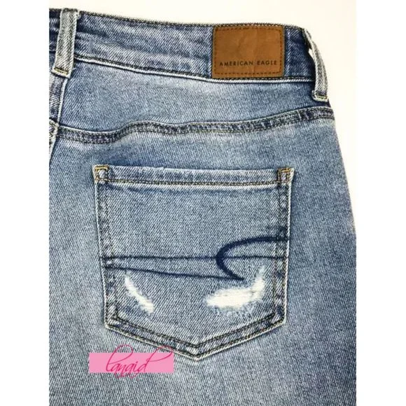 American Eagle Stretch Tomgirl Jeans Slashed Sky Destroyed Ripped BF Boyfriend 0 - Picture 6 of 14